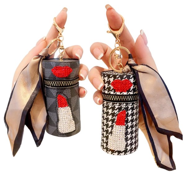 RILOST 2Pcs Lipstick Case, Leather Diamond Lip Gloss Lipstick Organizer, Keychain Mini Lipstick Holder Bag, Girls Travel Lipgloss Makeup Storage for Lipstick Lip Gloss Cosmetics (Black, White)