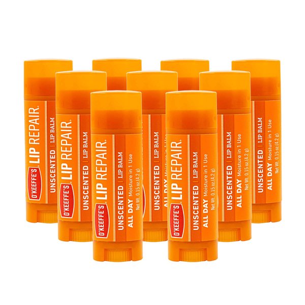 O'Keeffe's Unscented Lip Repair Lip Balm for Dry, Cracked Lips, Stick, (Pack of 9)