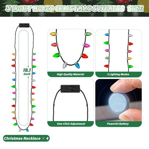 EOBOH Christmas Necklace, 4Pcs Light up Christmas Necklace, Christmas Bells Necklaces, 3 Modes Colorful Christmas Party Favors, Christmas Ugly Xmas New Year Party Supplies Accessories