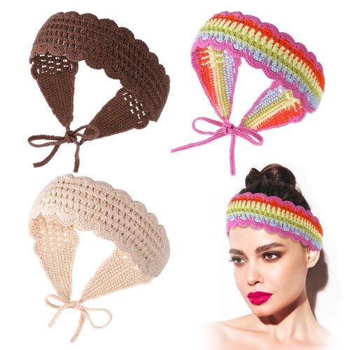 Psyqtsuary 3 Pcs Crochet Bandana Headbands Boho Headbands for Women Head Hair Scarf Headbands for Women Crochet Head Scarf Hair Bandanas for Women Styling Decor(Rainbow Beige Dark Coffee)