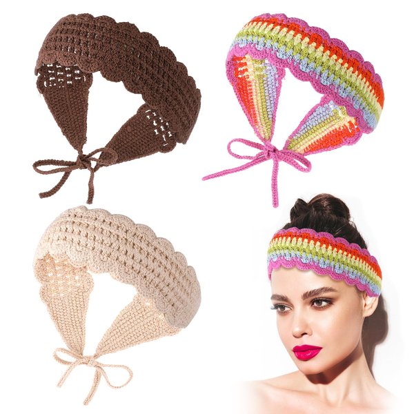 Psyqtsuary 3 Pcs Crochet Bandana Headbands Boho Headbands for Women Head Hair Scarf Headbands for Women Crochet Head Scarf Hair Bandanas for Women Styling Decor(Rainbow Beige Dark Coffee)