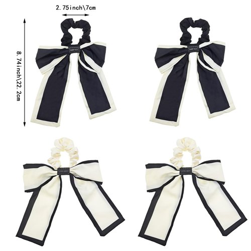 4 PACK Silk Satin Hair Bow Scrunchies, Black White Ponytail Holders Hair Ties, Vintage Chiffon Hair Ties with Bow Accessories, Bow Ponytail Holder Hair Accessories for Women