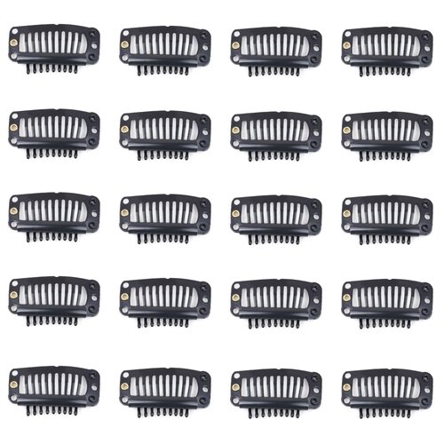 Lysilf Snap Clips for Clip in Hair Extensions U-shape with soft rubber 9 Teeth 6 Holes Stainless Steel Material 20 Pcs/pack 28mm (20Pcs, Black)