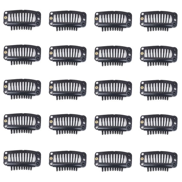 Lysilf Snap Clips for Clip in Hair Extensions U-shape with soft rubber 9 Teeth 6 Holes Stainless Steel Material 20 Pcs/pack 28mm (20Pcs, Black)