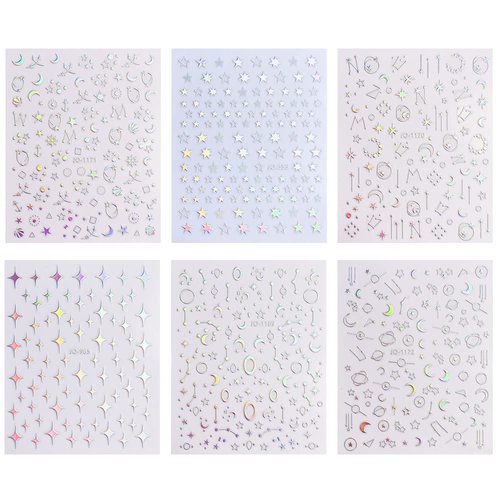 Dornail 6 Sheets Aurora Silver Star Moon Planet Nail Stickers 3D Holographic Laser Stars Nail Decals Self Adhesive Nail Art Stickers DIY Nail Design Nail Art Decoration
