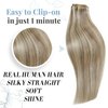 RUNATURE Clip in Real Human Hair Extensions 16 Inch Ash Brown Highlight Platinum Blonde Real Clip in Hair Extensions Natural Brazilian Straight Remy Hair 120g 7pcs