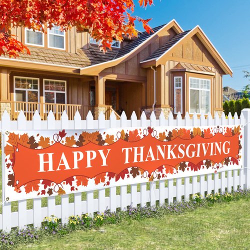 Probsin Happy Thanksgiving Decorations Banner Outdoor Yard Signs 120" x 20" Party Supplies Holiday Decor Fall Leaves Hanging Backdrop Welcome Garden Flag for Fence Garage Baclony Door Porch Home Decor
