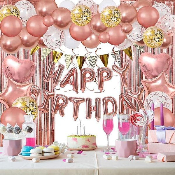 Rose Gold Birthday Party Decorations for Women Girls, Happy Birthday Banner, Rose Gold Fringe Curtain, Heart Star Foil Confetti Balloons, Hanging Swirls for Birthday Party Supplies