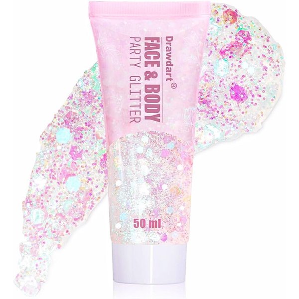 Drawdart Face & Body Glitter, Cosmetic-Grade Glitter Gel-Singer Concerts Disco Festival Rave Accessories, Chunky Hair Sparkling Glitter Gel for Women, Vegan & Cruelty Free- 50ml (White)