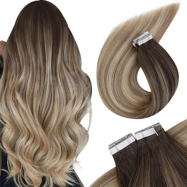 Ve Sunny Tape in Hair Extensions Human Hair Ombre Real Hair Extensions Tape in Human Hair Dark Brown Ombre Golden Blonde Mix Platinum Blonde Tape ins Human Hair Extensions Ombre 20pcs 50g 18inch