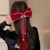 Wiwpar Red Velvet Bow Hair Clips for Women Big Bow Barrettes Pearl Bead Tassel Hair Clips Bowknot with Long Brocade Tassel Ribbon Tail Hair Pins Claw Hair Accessories for Christmas Gift Party (red)