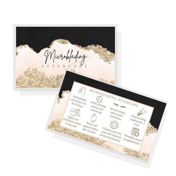 Boutique Marketing LLC Microblading Aftercare Cards | 50 Pack | Size 2x3.5 inches Business Card | PMU Pink, Black, and Gold Design