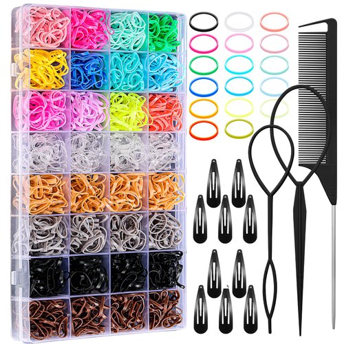 auroray Elastic Hair Rubber Bands 17 Colors, 2000 Pcs Baby Elastic Hair Ties with 13 Hair Styling Tools Organizer Box Kids Hair Accessories for Girls Women Toddler
