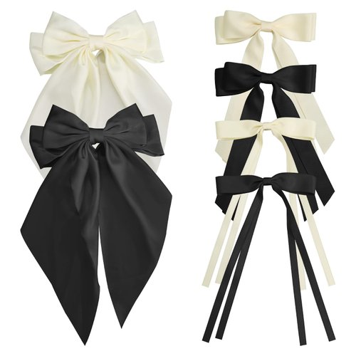 Sekonow 6Pcs Hair Bows for Women, 3 Sizes Hair Bow Clips Hair Ribbon Tassel with Long Tail, Silky Satin Coquette Bows Metal Barrettes Cute Hair Accessories (Black + Beige)