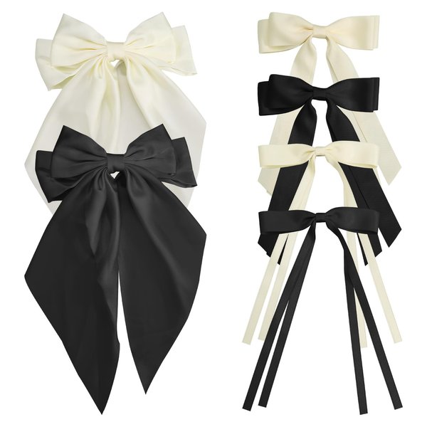 Sekonow 6Pcs Hair Bows for Women, 3 Sizes Hair Bow Clips Hair Ribbon Tassel with Long Tail, Silky Satin Coquette Bows Metal Barrettes Cute Hair Accessories (Black + Beige)