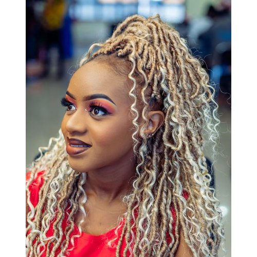 8 Packs River Locs Crochet Hair 14inch New Goddess Locs Crochet Hair Omber Blonde Curly Faux Locs Wavy Crochet Hair with Curly Ends Synthetic Hair Extensions (14" 8Packs 27/613#)