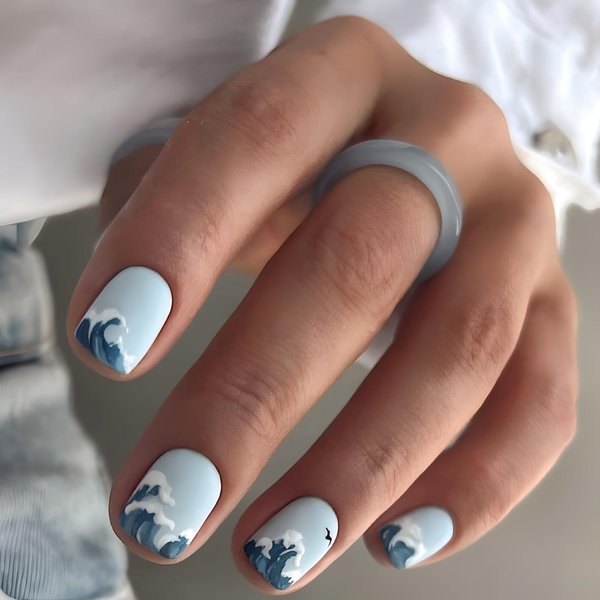 Press on Nails Short Square Fake Nails Summer False Nails Ocean Sea Wave Design Acrylic Stick on Nails Blue Glossy Glue on Nails Artificial Nails for Women 24pcs