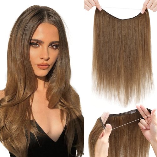 Wire Hair Extensions - 100% Real Human Hair Extensions, Invisible Wire Hair Extensions Real Human Hair for Women, Straight Halo Human Hair Extension, Halo Hair Extension (16 Inch, Light Brown)