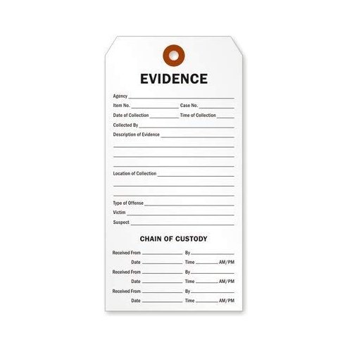 "Evidence" and "Chain of Custody" Tag, 6.25" x 3.125" Durable White Cardstock with Reinforced Hole, Pre-Wired - Pack of 100 Tags