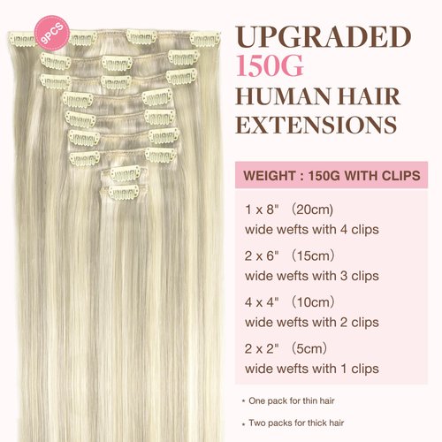GOO GOO Clip in Hair Extensions Real Human Hair, Remy Human Hair Extensions Clip ins for Women, Natural Human Hair, 22inch 150g 9Pcs, 17A/60A Ash Blonde Highlighted Platinum Blonde