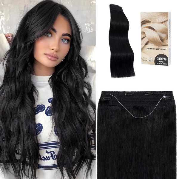 SLEEKALON Invisible Wire Hair Extensions Real Human Hair 18 Inch Black Hidden Wire Straight Hair Extensions with Transparent Fish Line Adjustable Hair Wire Extensions with Clips For Women,#01,95g