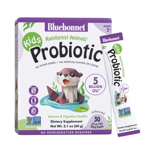 BlueBonnet Nutrition Rainforest Animalz Kids Probiotic 5 Billion CFU^ - Gut, Digestive & Immune Health - Non-GMO Free of Dairy, Gluten, Soy, Sugar, Artificial Flavor & Color - Unflavored, 30 Servings