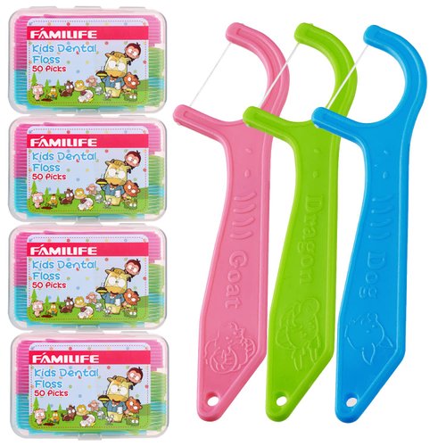 Dental Floss Picks, FAMILIFE Kids flossers Toddler Threaders Children Unwaxed Unflavored Fluoride Free Dental Floss Child Kid Flossing Sticks with Travel Cases 200 Picks