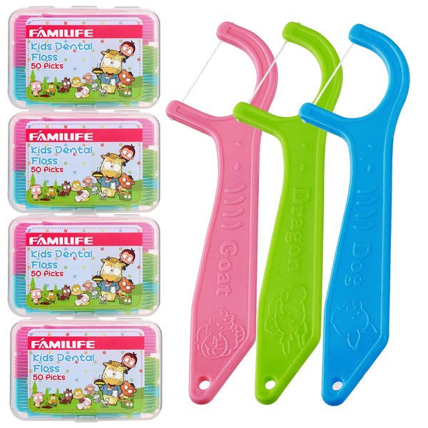 Dental Floss Picks, FAMILIFE Kids flossers Toddler Threaders Children Unwaxed Unflavored Fluoride Free Dental Floss Child Kid Flossing Sticks with Travel Cases 200 Picks