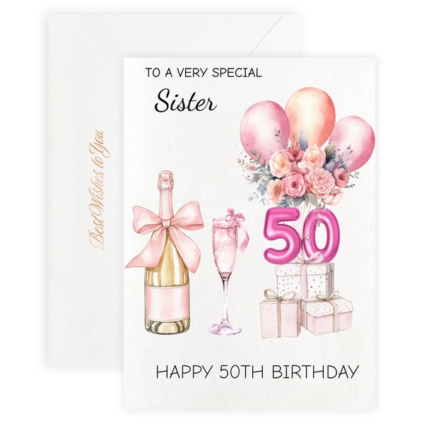 MAGJUCHE 50th Birthday Cards for Sister, Pink Happy Birthday Cards, with Envelope and Wax Seal, 5x7 inch