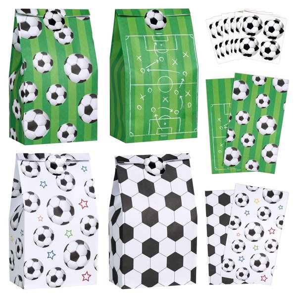 DECORLIFE 24PCS Soccer Goodie Bags, Soccer Party Favor Bags for Sports Events and Birthday, Perfect for Boys, Girls, Kids, Adults, Stickers Included, 4 Styles