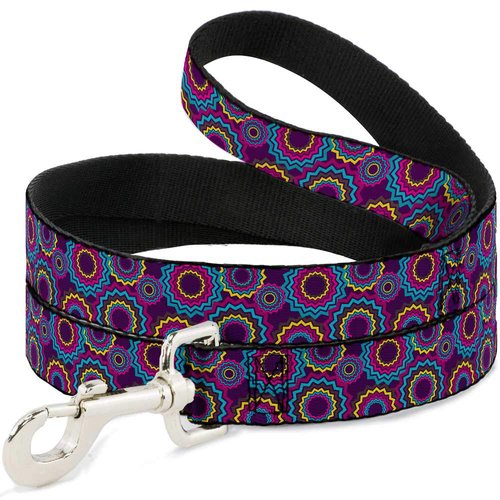 Dog Leash Jagged Rings Purples Blues Yellow 6 Feet Long 1.0 Inch Wide