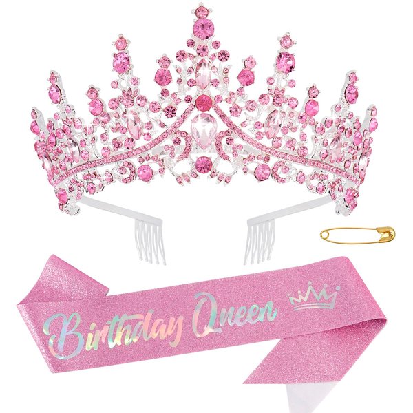 CHANACO Birthday Crown Birthday Sash Birthday Crowns for Women Birthday Queen Sash Pink Princess Tiara Happy Birthday Decorations Rhinestone Headband Birthday Party Gifts