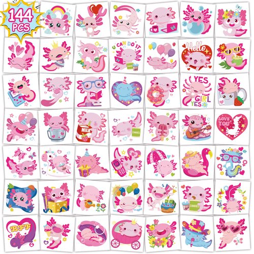 Konsait 144PCS Axolotl Temporary Tattoos, Individually wrapped Axolotl Tattoos, Pinky Axolotl Party Favors Birthday Decorations, Axolotl Gifts for Kids Bag Stuffers Fillers, 48 Designs