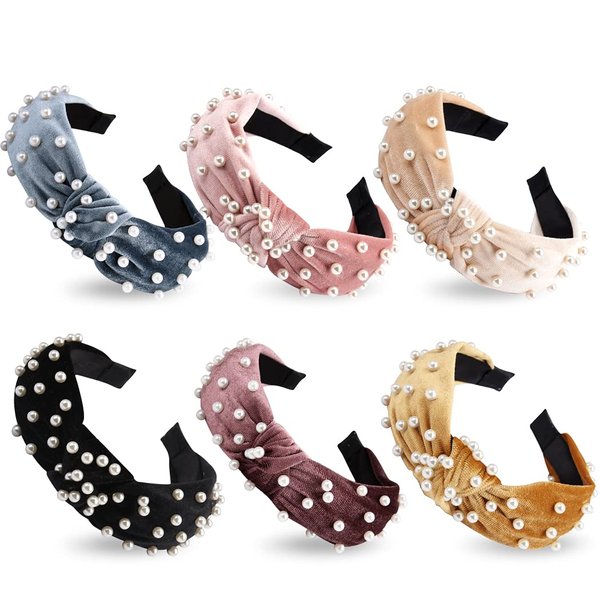 AOPRIE Top Knot Headbands for Women 6 Packs Wide Plain Headbands Pearl Hair Bands for Women's Hair Fashion Elastic Hair Accessories for Girls Black Pink Yellow Blue