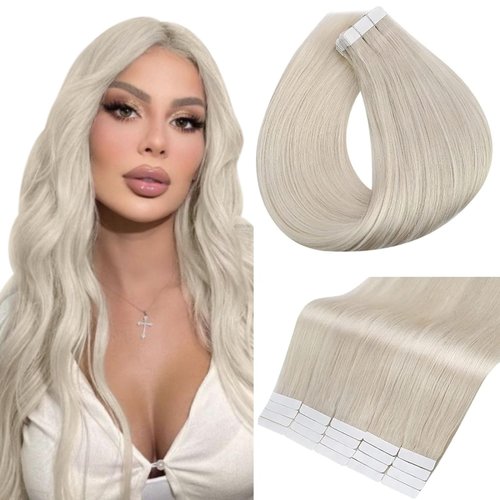 Full Shine Blonde Tape in Hair Extensions 20 Inch Real Human Hair Tape in Extensions Color 1000 Ice Blonde Adhesive Hair Extension 40 Pcs 100 Gram Double Sided Tape Hair for Women