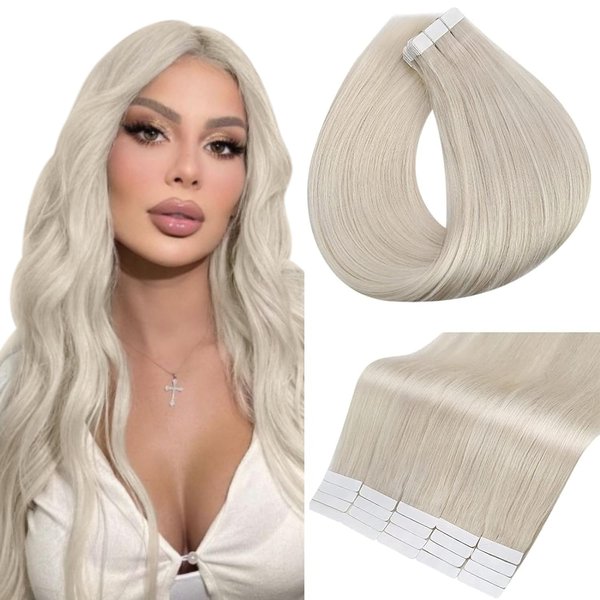 Full Shine Blonde Tape in Hair Extensions 20 Inch Real Human Hair Tape in Extensions Color 1000 Ice Blonde Adhesive Hair Extension 40 Pcs 100 Gram Double Sided Tape Hair for Women