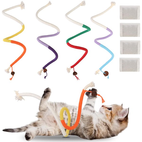 FOWSRHRG 4Pcs Interactive Cat Rope Toys, 27.56in Long Cotton Rope with Insect Gall, Cat Chew Toy for Teeth Cleaning, Suitable for All Breeds of Cats Kittens (Plus 4 Bags of Catnip)