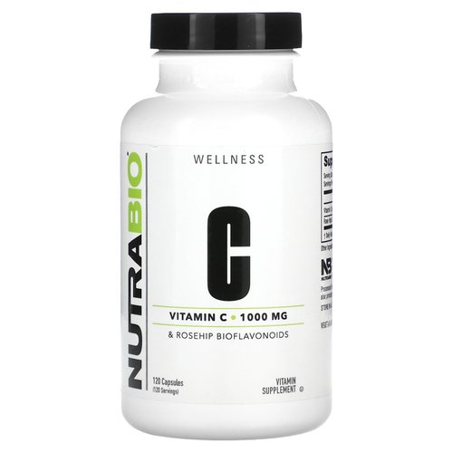 NutraBio Vitamin C with Rose HIPS - Supports Healthy Bones, Teeth and Gums, Immune Function - No Fillers or Excipients - (120 Capsules, 1000mg of Vitamin C per Capsule)
