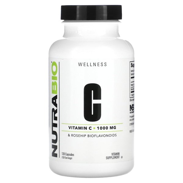 NutraBio Vitamin C with Rose HIPS - Supports Healthy Bones, Teeth and Gums, Immune Function - No Fillers or Excipients - (120 Capsules, 1000mg of Vitamin C per Capsule)
