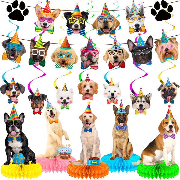 20 Pcs Dog Faces Claws Birthday Party Supplies, Dog Portrait Banner Party Bunting Decoration，Includes Dog Banner with 7 Dog Hanging Cutouts 7 Hanging Swirl Decor and 5 Birthday Honeycomb for Kids