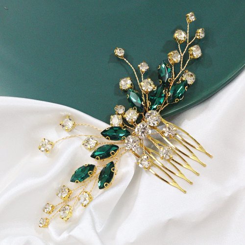 Brihasory Bohe Green Wedding Bridal Hair Comb Rhinestone Hair Accessories for Brides Flower Headpiece Romantic Hair Ornaments Prom Tiaras for Girls and Women Valentine Bridesmaid Gifts(Gold Green)