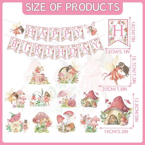 Rngmsi Fairy First Birthday Decorations - Fairy Birthday Party Decorations for Girls Fairy Happy Birthday Banners Mushroom Fairy Hanging Swirls Decor Flower Fairy Birthday Party Decorations Supplies