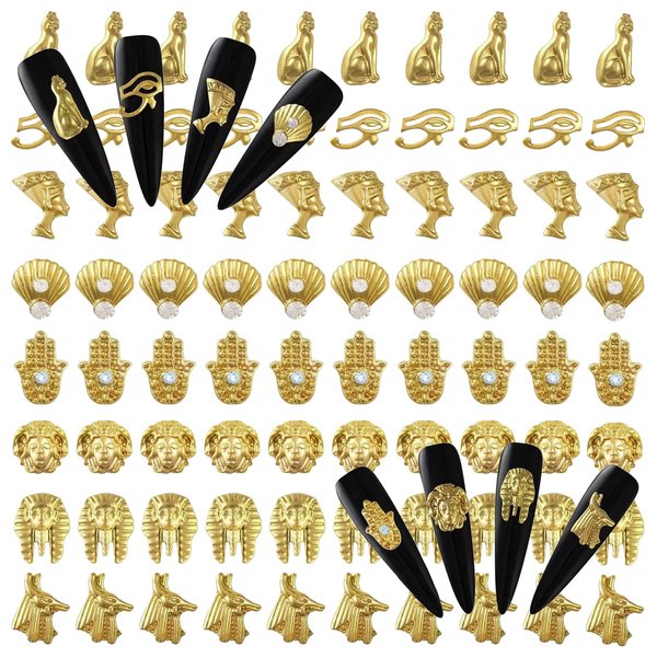 3D Egypt Nail Charms for Acrylic Nails,80PCS Gold Alloy Nail Rhinestones Decoration, Egyptian Nail Gems Diamonds Accessories for Nail Art Supplies Manicure Craft DIY BBATT-HAPPY