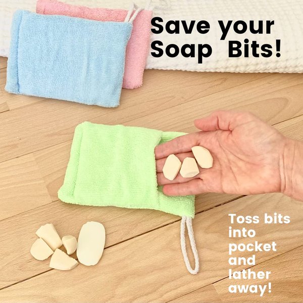 Evelots 3 Pack Microfiber Exfoliating/Cleansing Bar Soap Saver Pocket-No More Wasted Soap-Includes Sponge and Rope