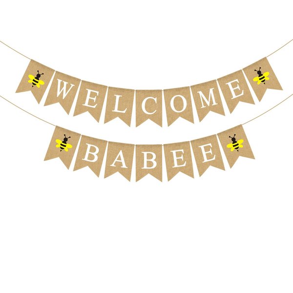 Jute Burlap Welcome Babee Banner Bumble Bee Themed Baby Shower Decoration Supply