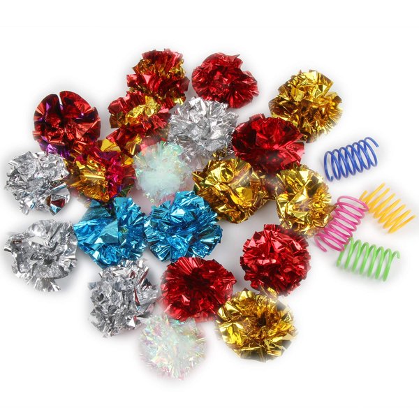 ICObuty Crinkle Balls Cat Toys 20 Pack Lightweight Springs Toys 4 Set Mylar Rustling Sound Balls 1.5-2 Inches Lightweight Fun Activity Play Toys for Cats Kitten Dog Random Color