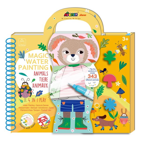 Avenir Water Coloring Magic Painting Book for Toddlers 4 in 1 Creative Set with Water Painting,Stamp with Water,Reusable Stencil,Games Animals for Children 3 Years
