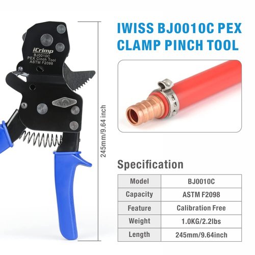 iCrimp F2098 Ratchet One Hand PEX Cinch Clamp Fastening Tools for Clamping Pipe Tubing 3/8", 1/2", 3/4", 5/8" and 1" Easy Operation Stainless Steel Clamps with Holster