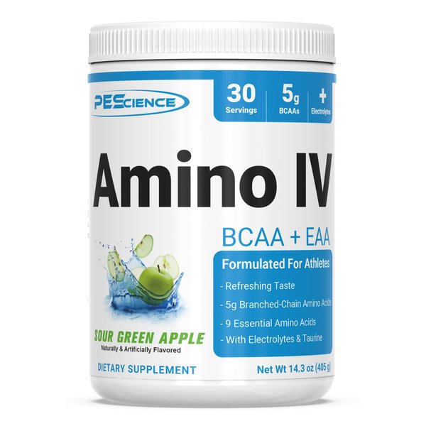 PEScience Amino IV, Sour Green Apple, 60 Scoop, BCAA and EAA Powder with Electrolytes