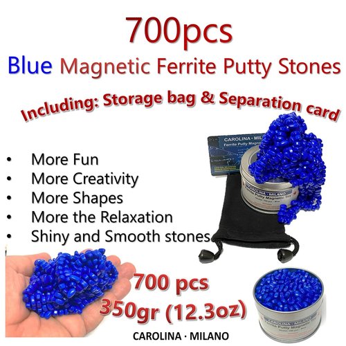 700 PCS Blue Crags Ferrite Putty for Adults Ferrite Stones, Satisfying Fun Fidget Office Desk Toy, Blue Color Beads with Separator Card, Storage Bag & a tin Box, 350gr